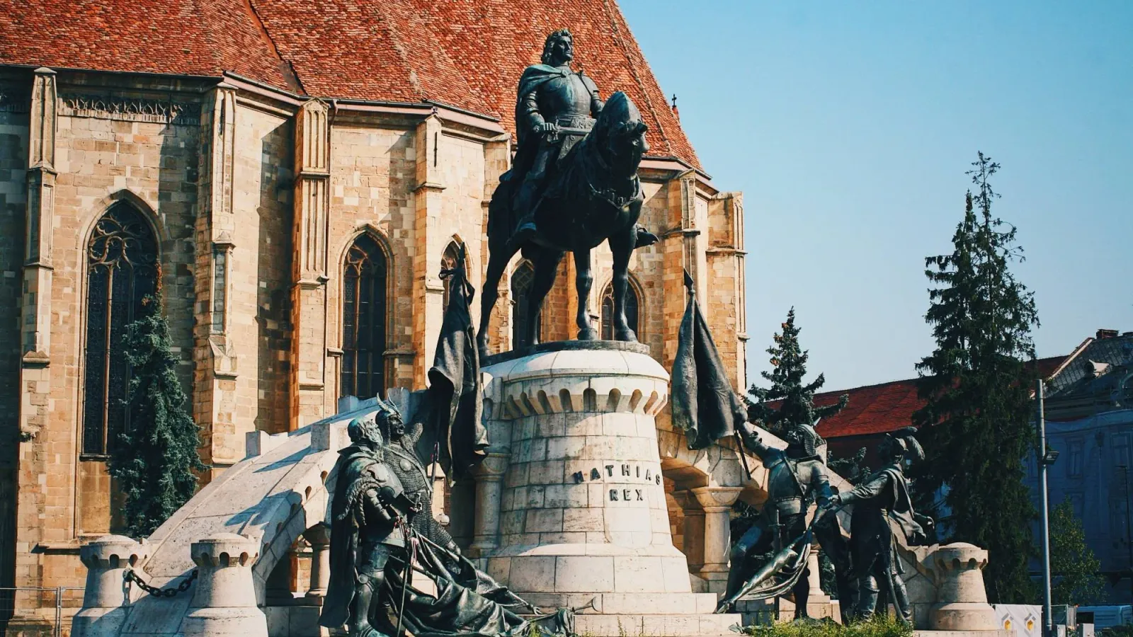 The equestrian statue of Matthias Corvinus in front of St Michael’s Church in Union Square, Cluj-Napoca