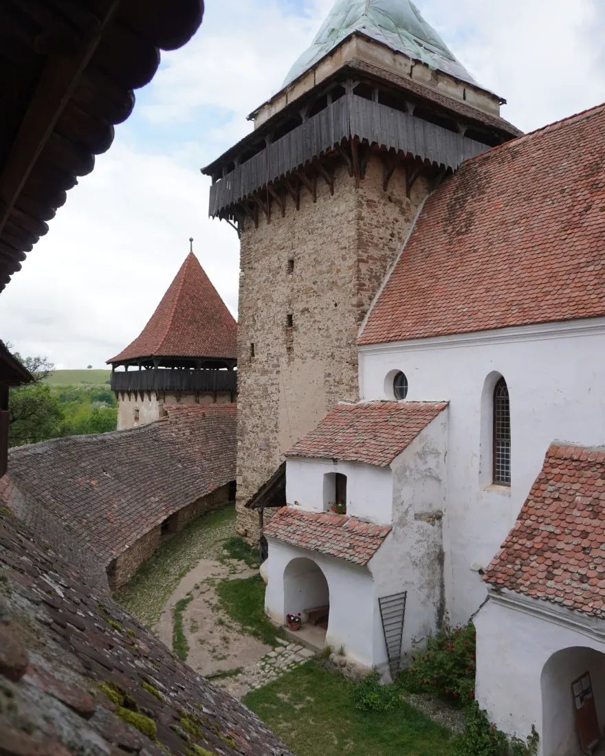 The courtyard and tower of a fortified church in a Saxon village near Brașov