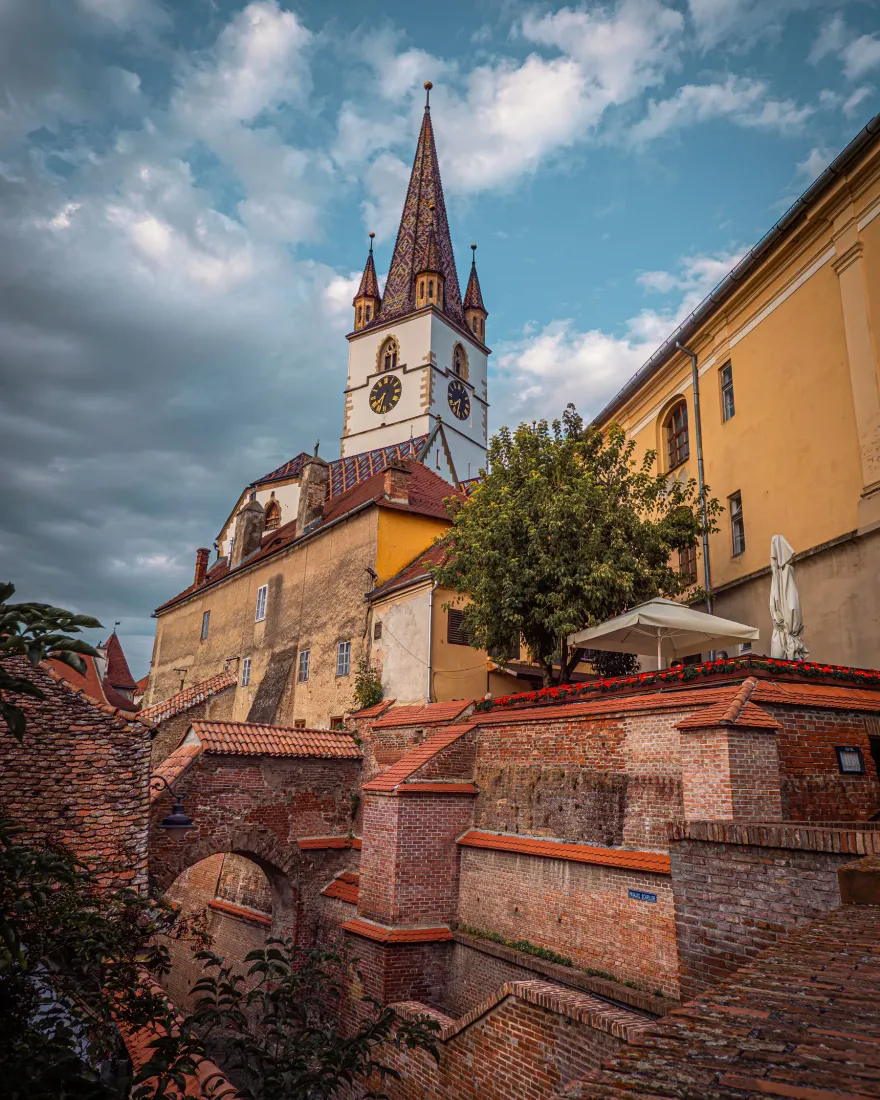 The Lutheran Cathedral of Sibiu and its tower above the old town walls