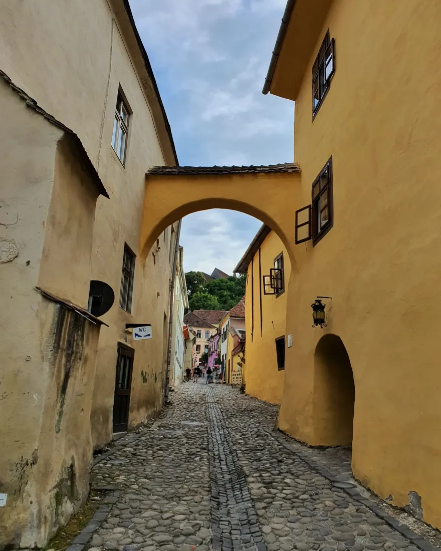 A cobbled street with yellow houses and an arch in the medieval citadel of Sighișoara