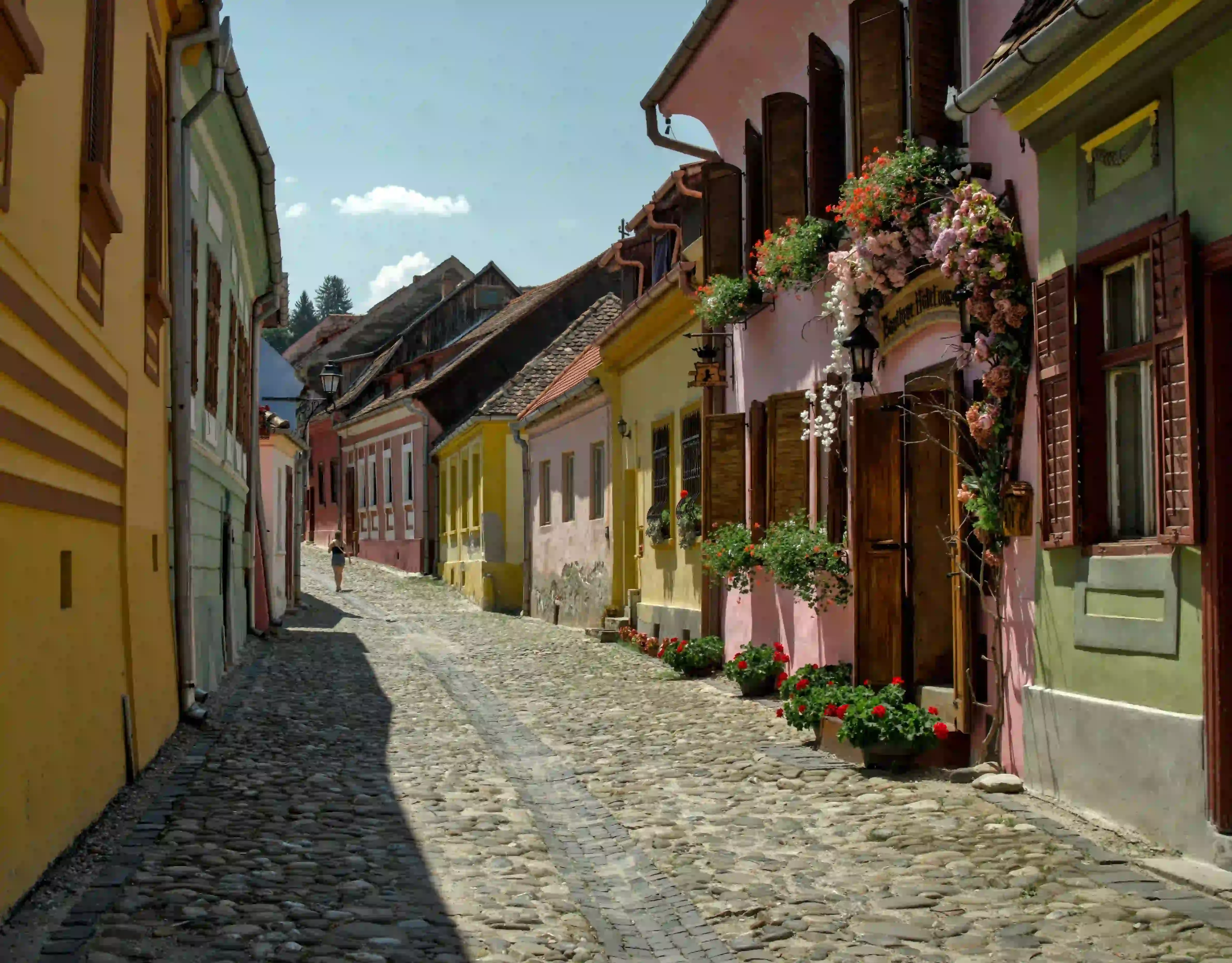 Colourful houses along a cobbled street in Sighișoara’s medieval citadel