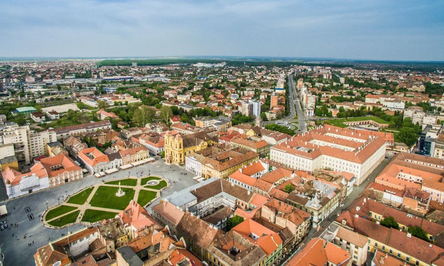 Aerial view of Union Square and the red roofs of Timișoara’s historic centre